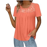 Dressy Casual Tshirt Women Front Pleated Tops Hide Belly Lace Crewneck Blouses Elegant Flowy Short Sleeve Shirts