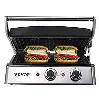 VEVOR Electric Contact Grills, 1500W Indoor Countertop Panini Press, Sandwich Maker with Non Stick,2 Reversible Iron Cooking Plates,0-446℉ Adjustable Temperature Control,Timer Function,120V