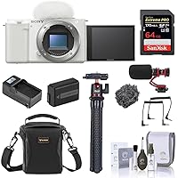 Sony ZV-E10 Mirrorless Interchangeable Lens Vlog Camera, White - Bundle with 64GB SD Card, Shoulder Bag, Mic, Tripod, Extra Battery, Charger, Cleaning Kit