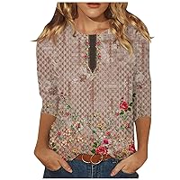 Vintage Floral Tops for Women 3/4 Sleeve Crewneck Summer Tshirts Blouse Fashion Loose Casual Vacation Tunic Shirt