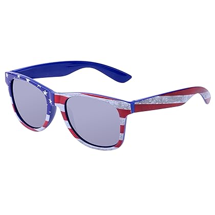COCOSAND Unisex Women Men UV400 Sunglasses with Sun Protection Mirrored Lens, Blue with American Flag Print