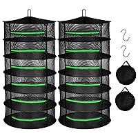 iPower 2ft 6-Layer Herb Drying Rack Breathable Mesh Hanging Dryer with Zippers Foldable Heavy Duty Ring for Garden Plant, Free Storage Bag and Hook Included, 2 Pack, Black