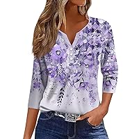 3/4 Length Sleeve Shirts for Women Summer Tops for Women 2024 Boho Print Fashion Pretty Elegant Loose with Short Sleeve Henry Collar Shirts Purple Large