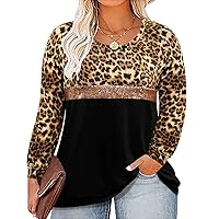 RITERA Plus Size Tops for Women Long Sleeve Shirt Sequins Color Block Tunics Leopard Print Tshirt Casual Fashion Blouses Fall Pullover Leopard-Gold-Leopard 2XL