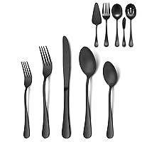 LIANYU 25 Piece Black Silverware Set with Serving Utensils, Stainless Steel Flatware Cutlery Set for 4, Include Knife Fork Spoon, Eating Utensils Tableware Set for Home Restaurant Party