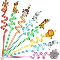 24 Reusable Jungle Safari Animals Plastic Straws for Lion Zebra Fox Monkey Giraffe Elephant Woodland Forest Zoo Animal Party Favors Supplies with Cleaning Brush Gift for Kids Boys Girls Friends