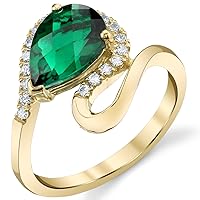 PEORA Created Emerald Teardrop Swirl Ring for Women 14K Yellow Gold, 1.75 Carats Pear Shape 10x7mm, Sizes 5 to 9