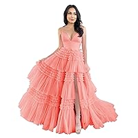 Tiered Tulle Prom Dresses Long Ruffles Ball Gowns Glitter Formal Evening Party Gowns with Slit