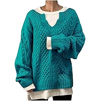 Top Deals Women Cable Sweaters Casual Long Sleeve Knitted Pullover Tops Loose Long Sleeve Chunky Jumper Warm Sweater Blouse Suéteres Navideños para Blue