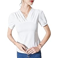 Casual Cotton Top for Women, Fashion Sexy V Neck Short Sleeve Pleated Blouses Ladies Daily Elegant Work Shirts