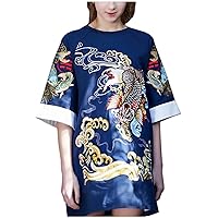 Everyday Dress Shirts Cotton Koi Embroidery Crewneck Short Sleeves Loose Top Blouse 2117