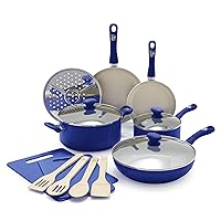 GreenLife Sandstone Healthy Ceramic Nonstick, 15 Piece Kitchen Cookware Pots and Frying Sauce Pans Set, PFAS- Free, Dishwasher Safe, Blue