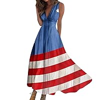 Women's Dresses Casual Printed V-Neck Pullover Sleeveless Waist Cinching Dress 4Th of July, S-3XL