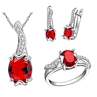 Oval Cut Blue Red Purple AAA Cubic Zirconia Pendant Necklace Earrings and Ring Crystal Wedding Engagement Jewelry Set for Women Girls T233