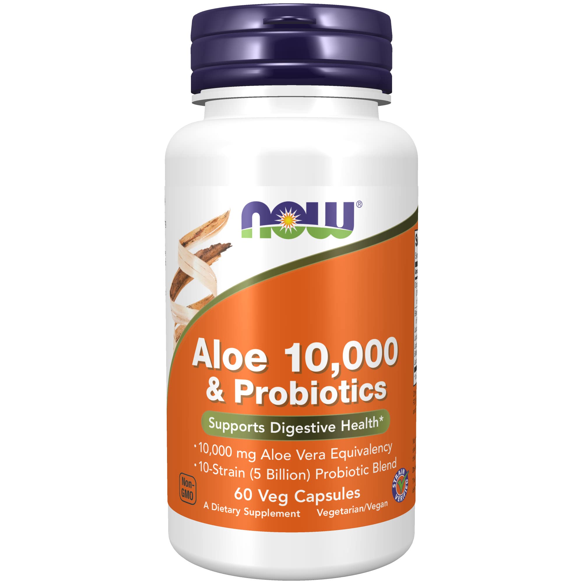 NOW Supplements, Aloe 10,000 & Probiotics with 10-Strain (5 Billion) Probiotic Blend, 60 Veg Capsules