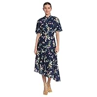 Maggy London Women's Floral Printed Flutter Sleeve Midi Dress with Twist Mock Neck and Asymmetrical Hem