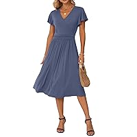GRECERELLE Spring Summer Dress for Women Casual Ruffle Short/Long Sleeve Wrap V-Neck Dress with Pockets