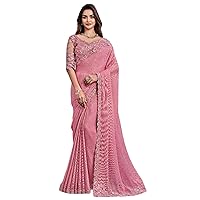 Indian Woman Shimmer Silk Pink Sequin Sari Blouse Border Fancy Saree FI306