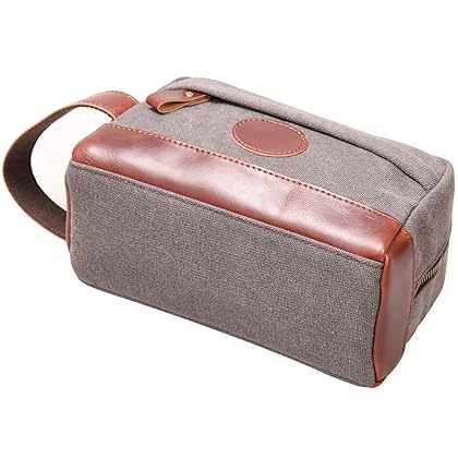 Vintage Leather Canvas Travel Toiletry Bag Shaving Dopp Kit #A001 (Grey)