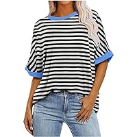 Summer Tunic Tops for Women 2024 Short Sleeve Henley Shirts for Women Womens Spring Fashion 2024 Western Tops Rround Neck Short Sleeved T-Shirt Tunic Top Blouse Blue Large