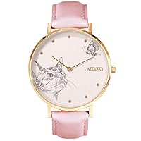 MEDOTA Love Series - Hand Drawing Cat Single Dial Water Resistant Analog Quartz Quickly Release Pink Leathers Strap Watch - Gold/No.LO-10501