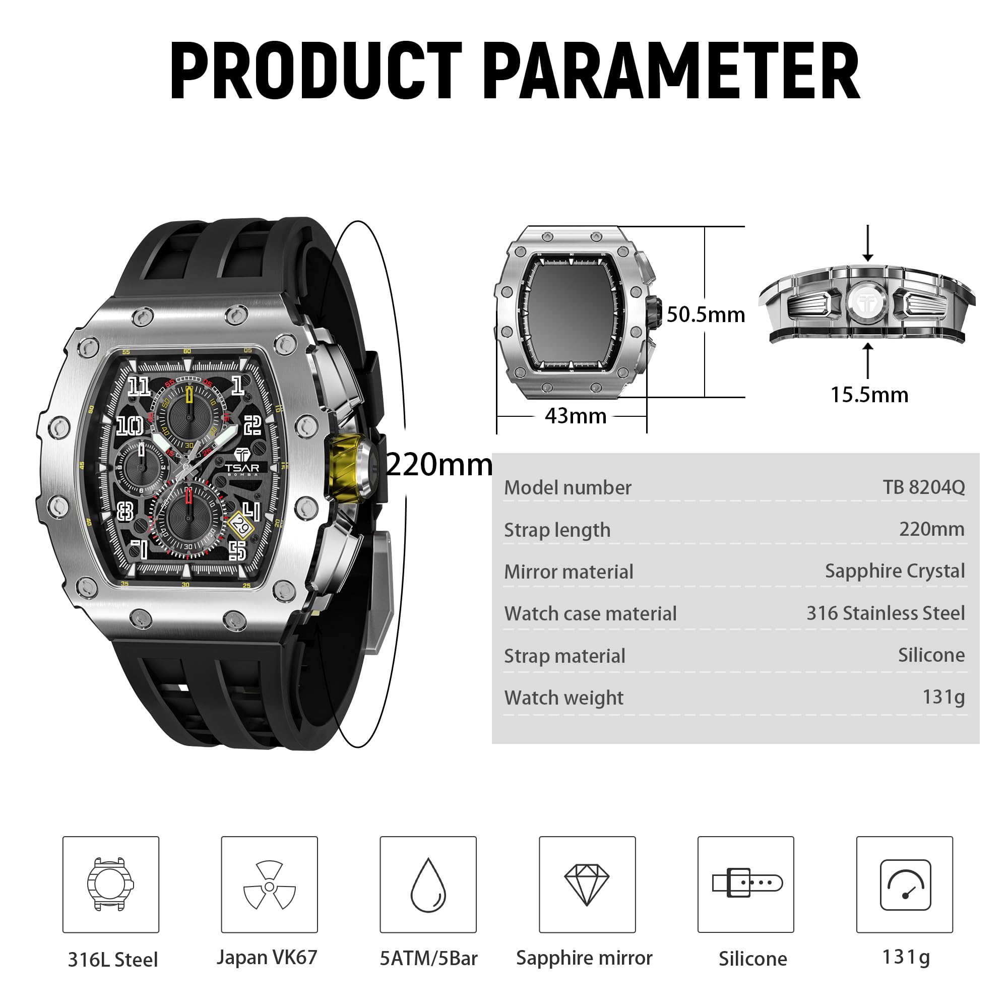 TSAR BOMBA Mens Luxury Watch Watches for Men 50M Waterproof Japanese Quartz Movement Tonneau Stainless Steel Case Sapphire Glass with Chronograph Date Function Cool Unique Fashion Gift Watch