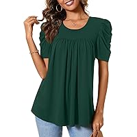 Anydeer Women Tunic Top Summer Short Puff Sleeve Chest Pleated T-Shirt Casual Blouse Loose Tee