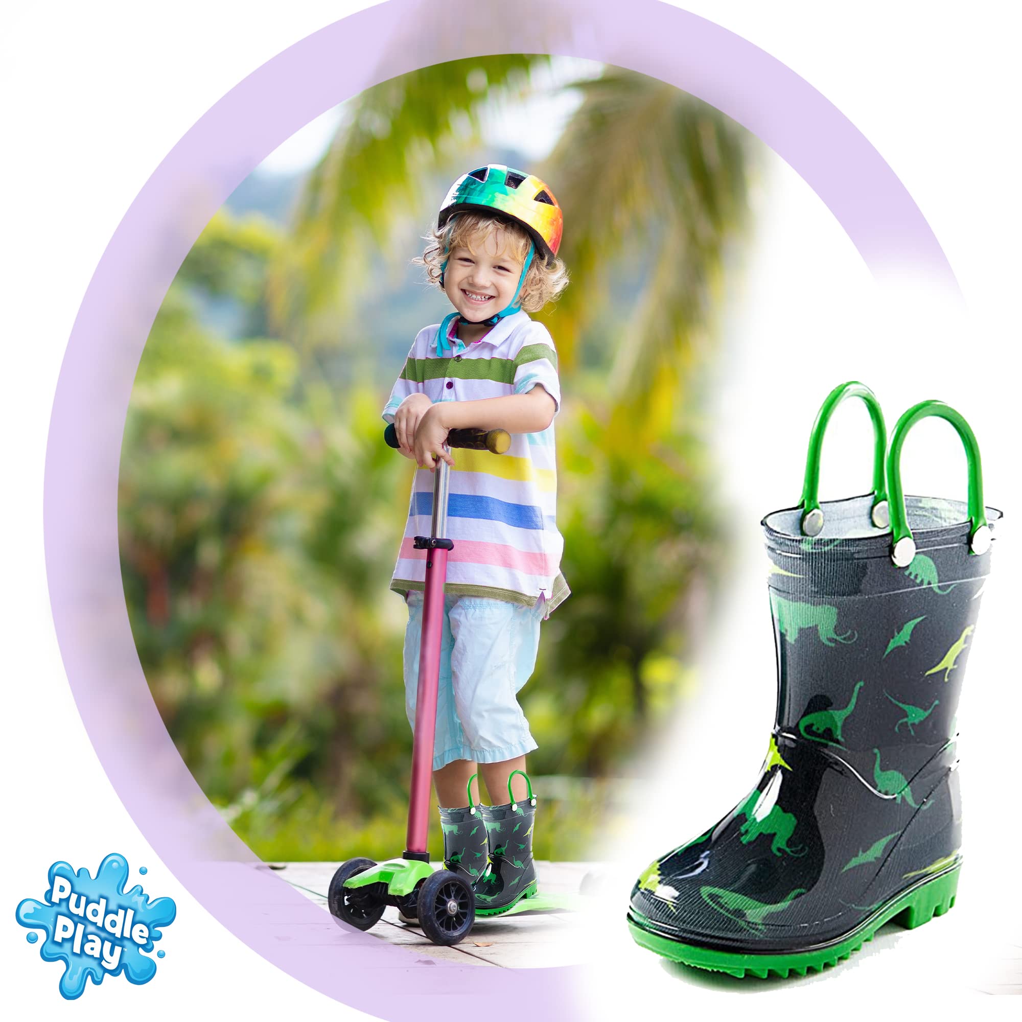 Toddler and Kids Rain Boots with Easy On Handles - Boys and Girls Colors and Designs – by Puddle Play