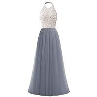 Women's Sexy Beaded Prom Dresses Tulle Evening Formal Dresses Backless Gown