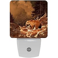 Grizzly Bear in The Rocky Mountains Night Light (Plug-in), Smart Dusk to Dawn Sensor Warm White LED Nightlights for Hallway Bedroom Kids Room Kitchen Hallway, 2 Packs