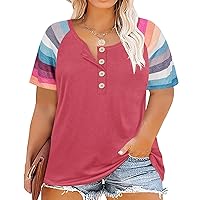 RITERA Women's Plus Size Tops 2XL Colorblock Shirt Short Sleeve Shirt Button Down Tshirt Round Neck Tunic Tops Casual Summer Blouses Pink-Striped 2XL