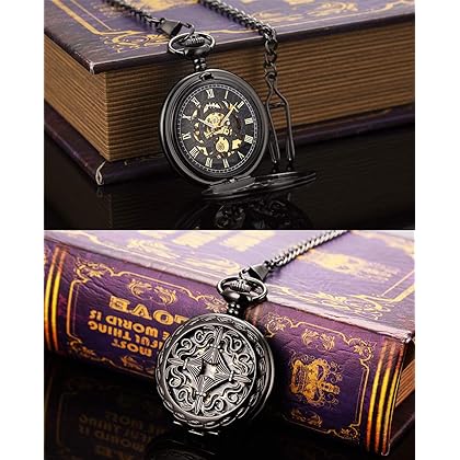 ManChDa Mechanical Pocket Watch Vintage Pocket Watch for Men Women Special Engraved Case Roman Numerals with Chain + Box