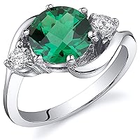 PEORA Simulated Emerald Ring in Sterling Silver, Round Shape, 8mm, 1.75 Carats total, Sizes 5 to 9