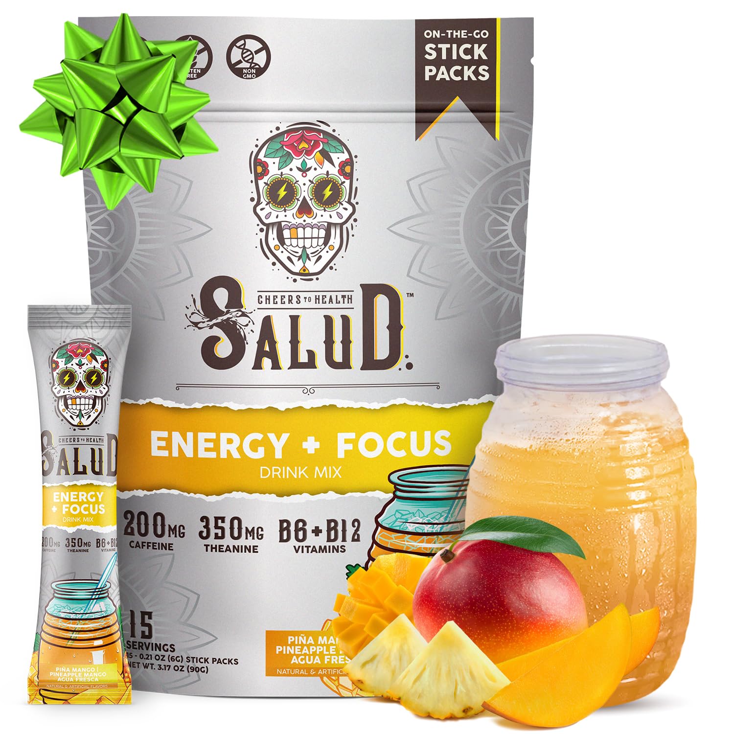 Salud 2-Pack |2-in-1 Energy + Focus (Pineapple Mango) & Hydration + Immunity (Lemonade) – 15 Servings Each, Agua Fresca Drink Mix, Non-GMO, Gluten Free, Vegan, Low Calorie, 1g of Sugar