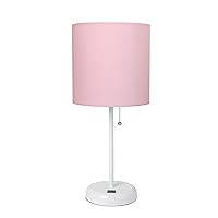 Simple Designs LT2044-POW White Stick Table Desk Lamp with USB Charging Port and Drum Fabric Shade, Light Pink Shade