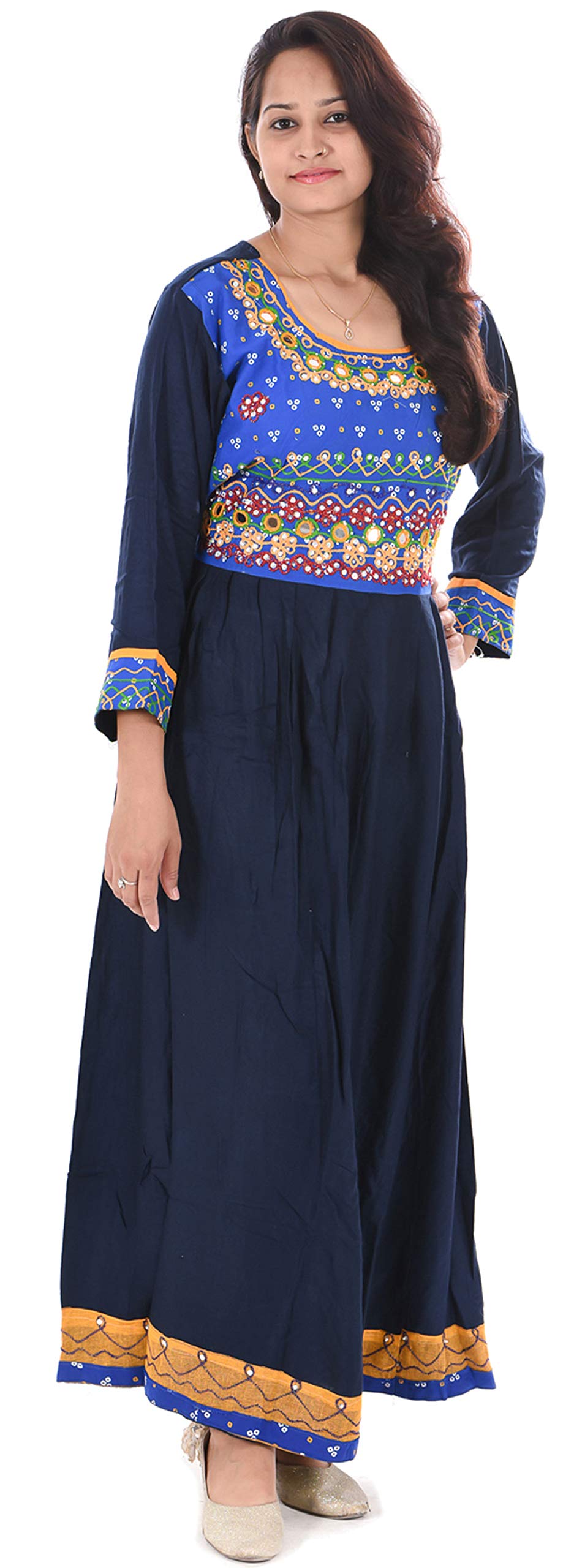 lakkar haveli Indian 100% Cotton Blue Color Dress Mirror Print Women Fashion Long Plus Size