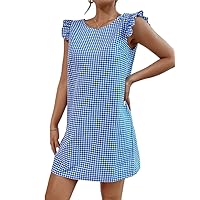Summer Dresses for Women 2022 Gingham Fake Button Cap Sleeve Tunic Dress Maxi Dress for Women