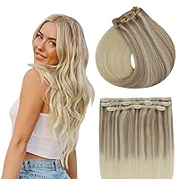 Full Shine 16 Inch Lace Clip in Hair Extensions Real Human Hair Nordic Ash Blonde Fading to Gloden Blonde Hair Extensions Clip ins Soft Natural Hair Clip ins Invisible Weft For Women 60G 3 Pcs