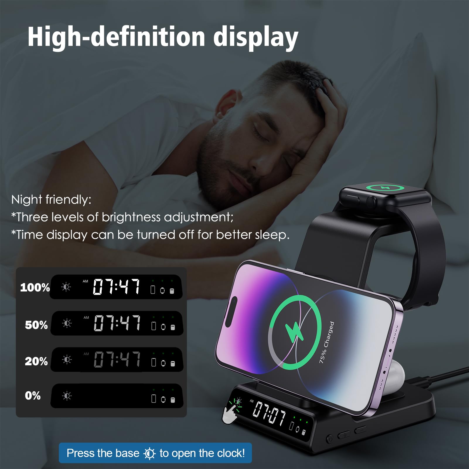 Wireless Charging Station, YiJYi 3 in 1 Watch Charger Stand with Digital Clock Suitable for iWatch SE/6/5/4/3/2/1,AirPods Pro, for iPhone 13/12/12 Pro Max/11 Series/XS/XR/X/8/Samsung Galaxy