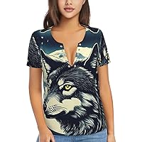 Wolf Night Moon Women's Flowy Tops,V-Neck T-Shirts, Plus Size Blouses with Short Sleeves, Suitable for Summer,Work Wear