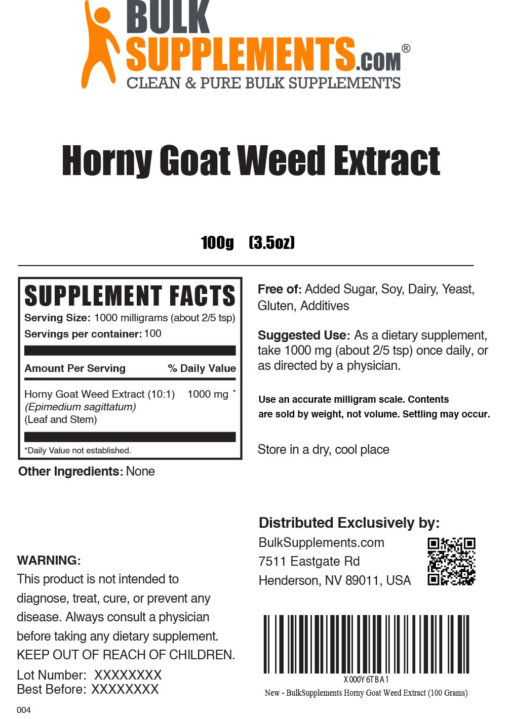 BULKSUPPLEMENTS.COM Horny Goat Weed Extract - Epimedium Extract, Horny Goat Weed Herbal Supplements, Horny Goat Weed Powder - Horny Goat Weed for Men & Women, 1000mg per Serving, 100g (3.5 oz)