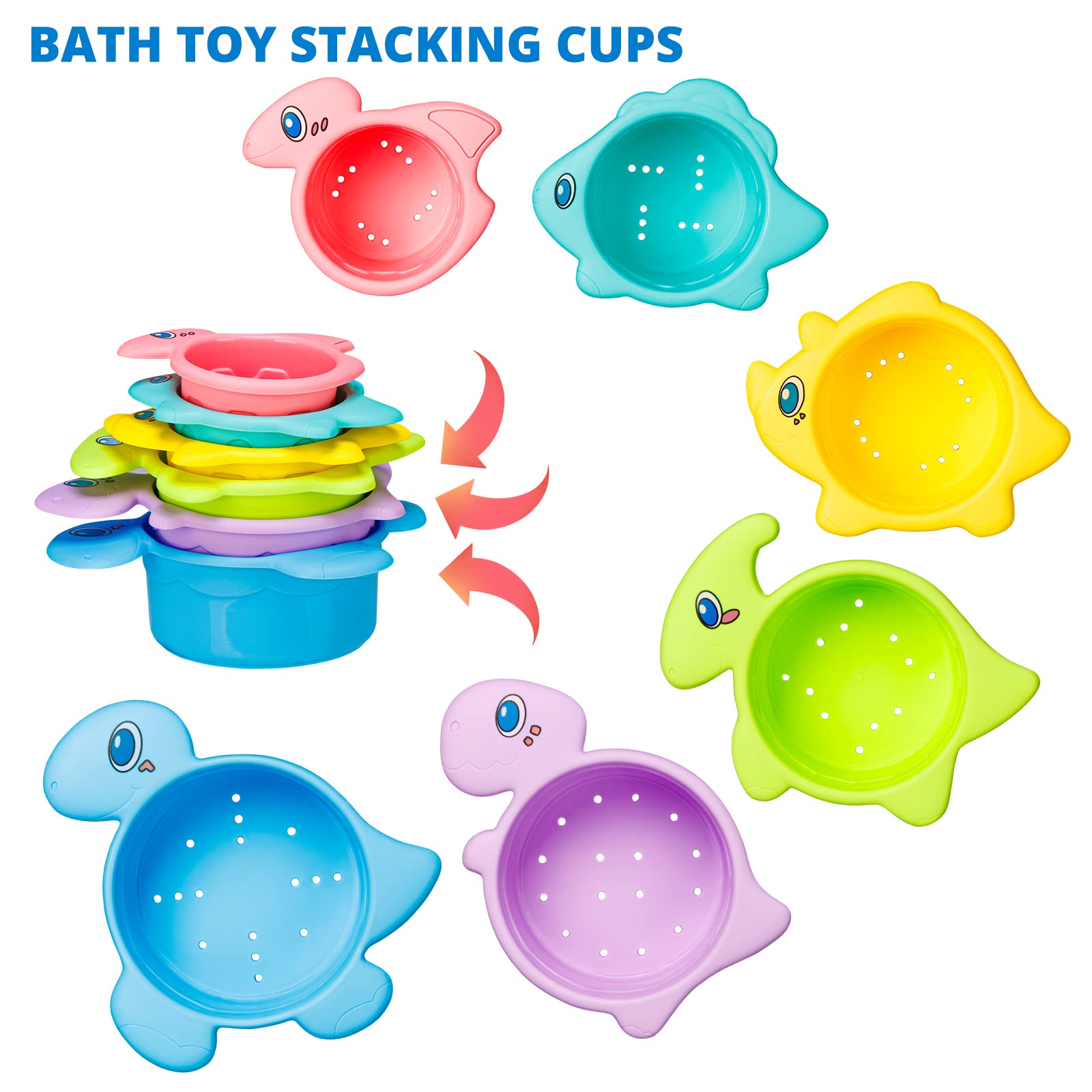 Bath Toys for Toddler, Kids Bathtub Time, Shower Spary Yellow Duck Slide Wall Track, Dinosaur Water Stacking Cups, Wind Up Turtle Fishing Game & Storage Bag Fun Birthday Gift for Baby Boy & Girl