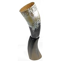 Genuine Handcrafted 16oz, Natural Viking Drinking Horn with Horn Stand for Beer Wine Ale and Mead Champagne (Compass Viking)