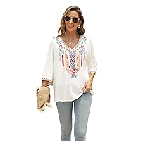 IMEKIS Mexican Embroidered Shirt Women Ethnic Style 3/4 Sleeve V Neck Top Floral Mexican Peasant Summer Causal Loose Shirt