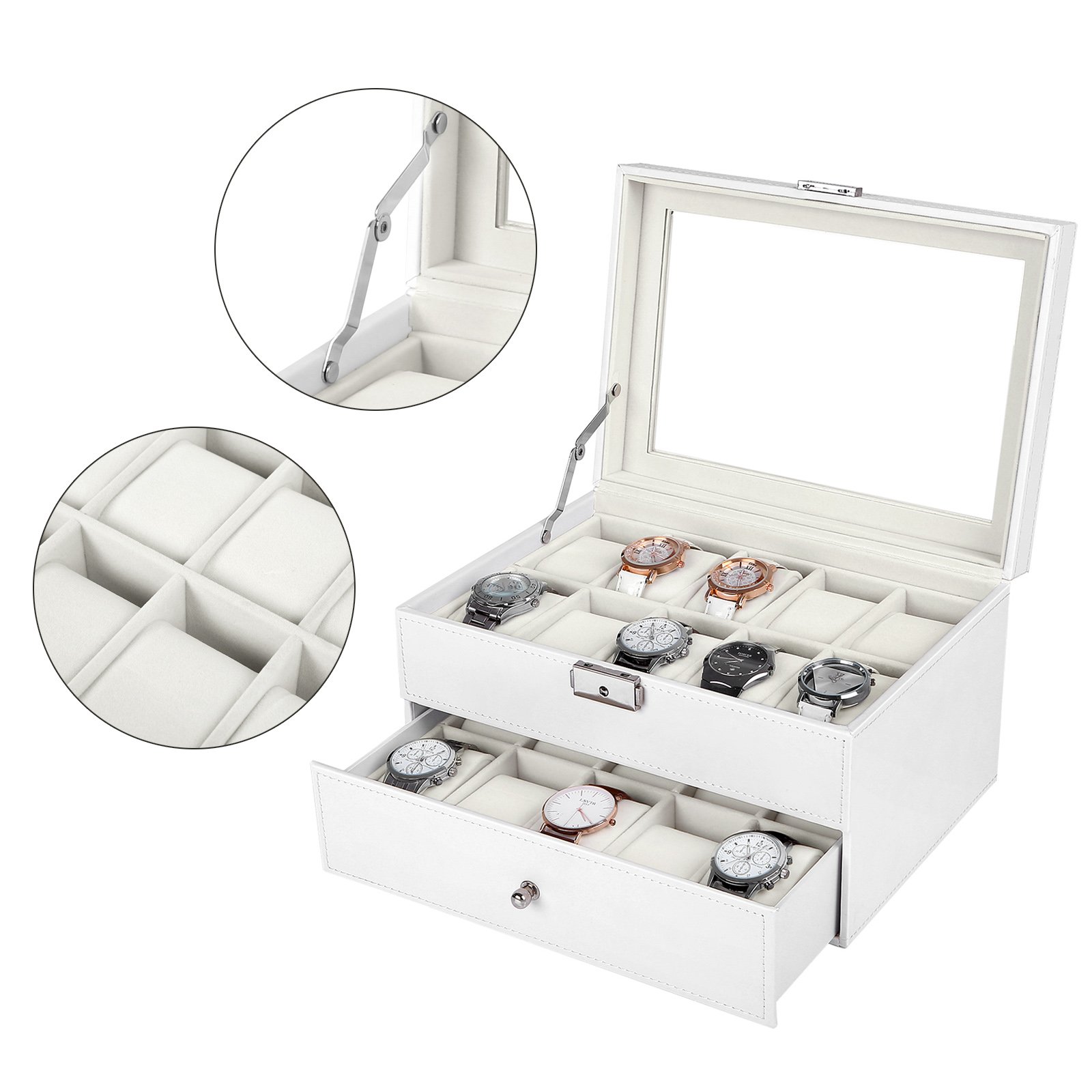 SONGMICS 20 Watch Box Lockable Organizer Display Case with Glass Top White