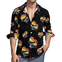 Gay Love Rainbow LGBT Heart Men's Long Sleeve V Neck Shirt Button Down Casual Tops with Pocket