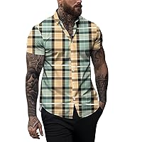 Men's Casual Button-Down Shirts Casual Hawaiian Shirts Short Sleeve Beach Shirts Slim Fit Plaid Print Blouse Tops
