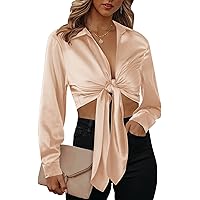 Satin Blouses for Women Sexy Long Sleeve Silk Shirts Tie Front Deep V-Neck Wrap Crop Top