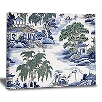 WoGuangis Asian Dynasty Garden Wall Art Blue and Green Scenic Chinoiserie Canvas Poster Wall Art Oriental Chinoiserie Painting Wall Art Canvas Print for Living Room and Home Decor 12x16in
