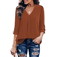 Youtalia Womens 3/4 Cuffed Sleeve Chiffon Printed V Neck Casual Blouse Shirt Tops